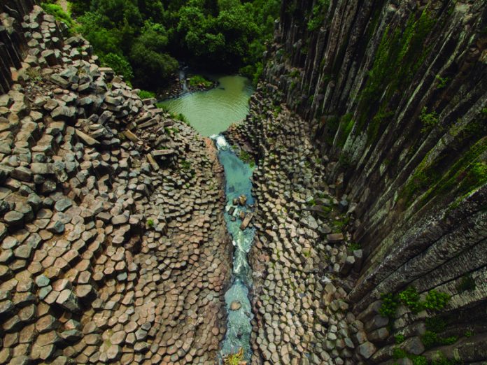 Aerial view of the basaltic columns of Santa María Regla, Huasc