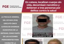 Localizan cuerpo sin vida, decomisan narcótico y detienen a tres personas por delitos contra la salud; en cateos realizados en Colima, Tecomán y Manzanillo