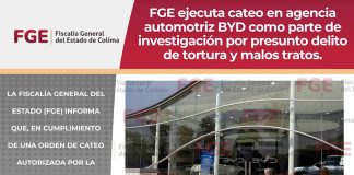 FGE ejecuta cateo en agencia automotriz BYD como parte de investigación por presunto delito de tortura y malos tratos