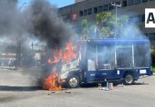 Violenta manifestación en Morelia de comuneros de Arantepacua deja destrozos, unidades quemadas y rapiña