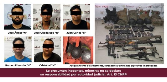 Operativo en Tecomán deja 5 detenidos y aseguramiento de armas y vehículos