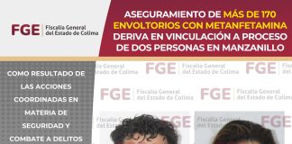 Aseguramiento de más de 170 envoltorios con metanfetamina deriva en vinculación a proceso de dos personas en Manzanillo