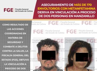 Aseguramiento de más de 170 envoltorios con metanfetamina deriva en vinculación a proceso de dos personas en Manzanillo