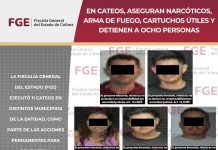 En cateos, aseguran narcóticos, arma de fuego, cartuchos útiles y detienen a ocho personas