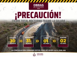 Seidum Colima informa cierre total nocturno en ‘La Salada’ este sábado, domingo, lunes y martes
