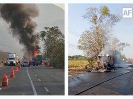 Se incendia tractocamión en la autopista Colima-Manzanillo, a la altura de Tecolapa