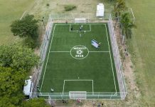 Gobernadora de Colima entregó cancha de futbol 5 en San Joaquín, Cuauhtémoc