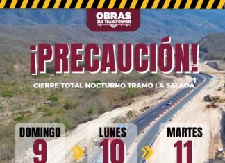 Seidum Colima anticipa cierre total nocturno en el tramo La Salada este domingo, lunes y martes