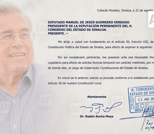Rubén Rocha Moya solicita licencia indefinida como gobernador de Sinaloa; ocurre tras mensaje de Sheinbaum