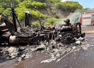 Incendio consume tractocamión en Libramiento de Manzanillo; hay afectación vial