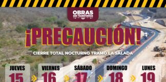 Cierre total nocturno en el tramo ‘La Salada’ del 15 al 19 de octubre, previene Seidum Colima
