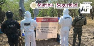 Marina, SSPC y FGR localizan laboratorio clandestino y aseguran 100 kilos de metanfetamina en Sinaloa